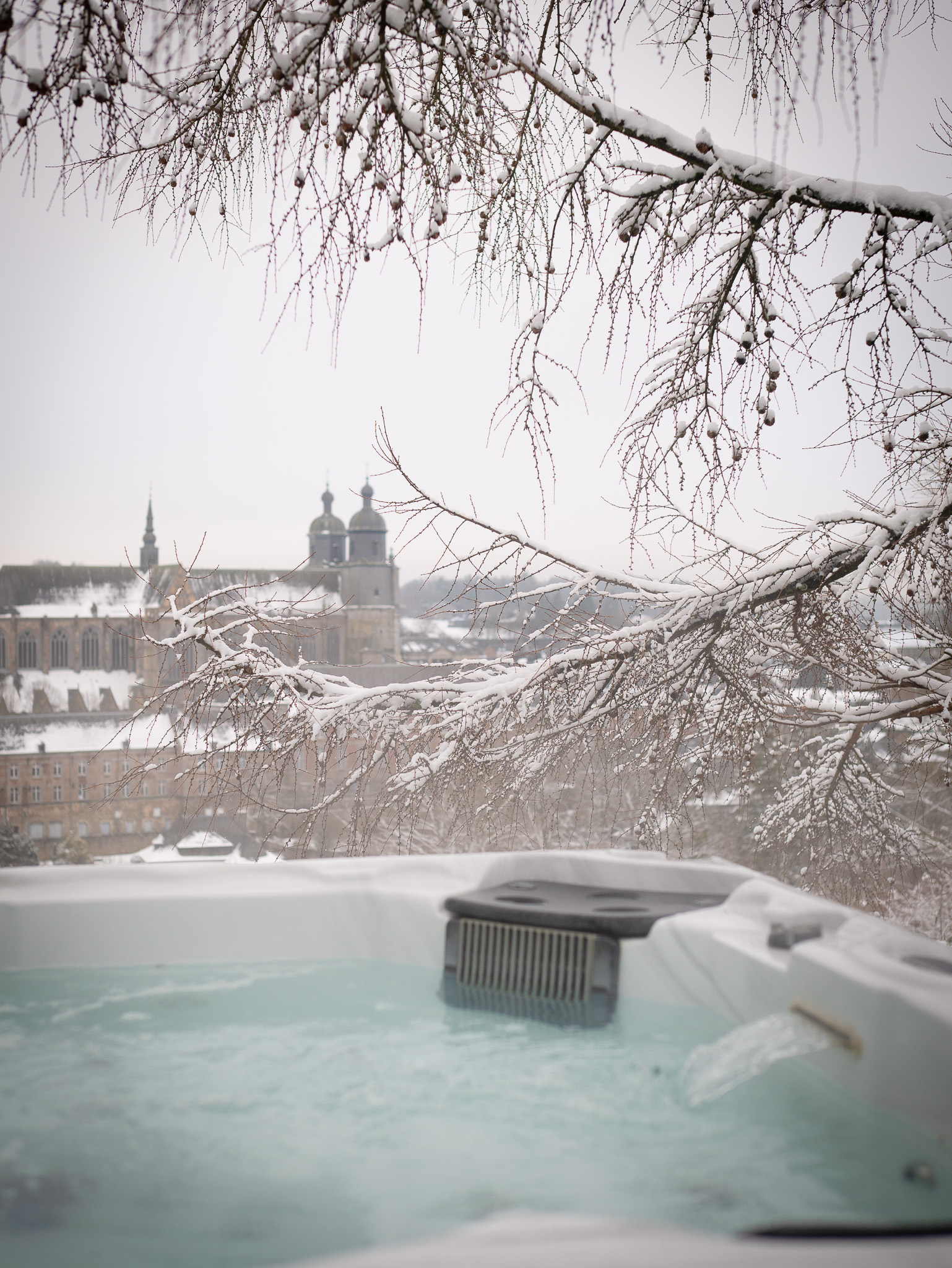 Logement insolite - Saint-Hubert- Province du Luxembourg, St-hubsphair sous la neige vue intérieur - Jacuzzi privée avec vue sur la basilique
